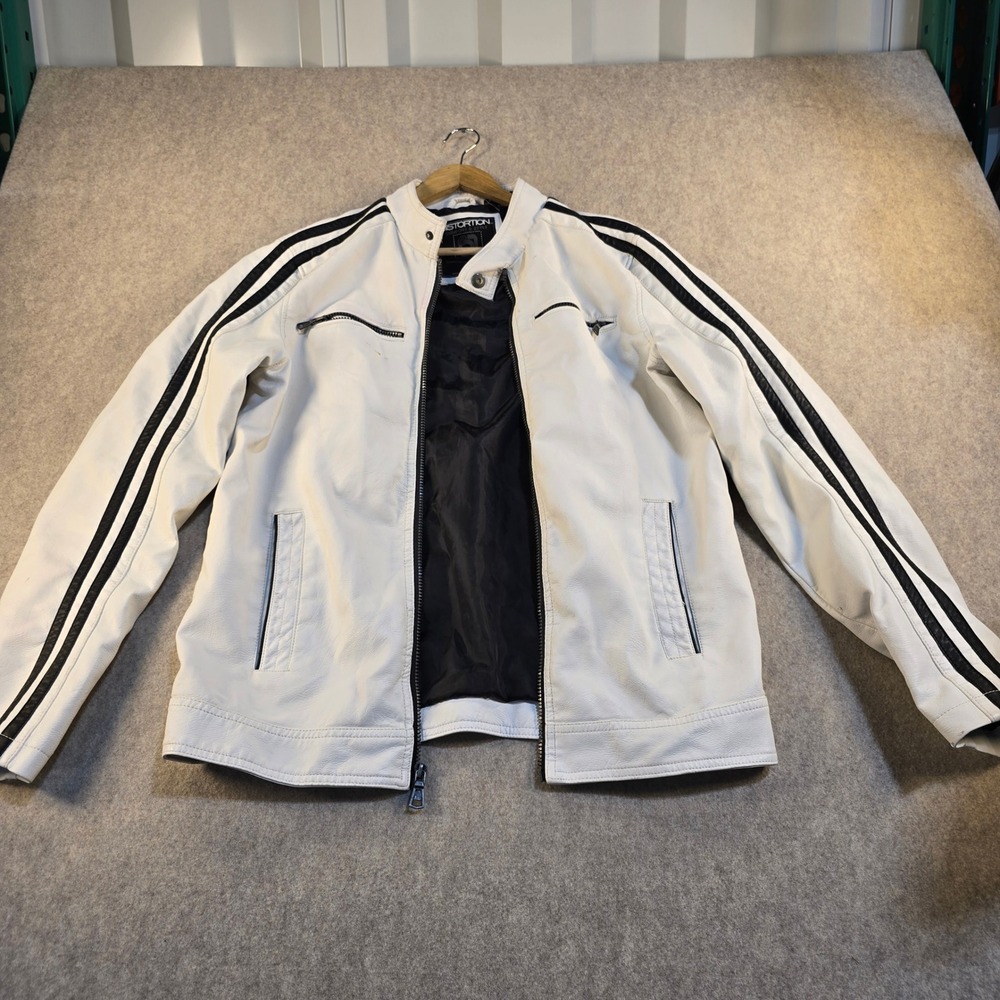 Distortion White Faux Leather Cafe Racer Moto Jacket Mens Medium Black Stripes